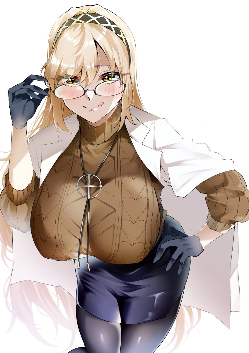 1girl, absurdres, black_skirt, blonde_hair, blush, breasts, closed_mouth, commentary_request