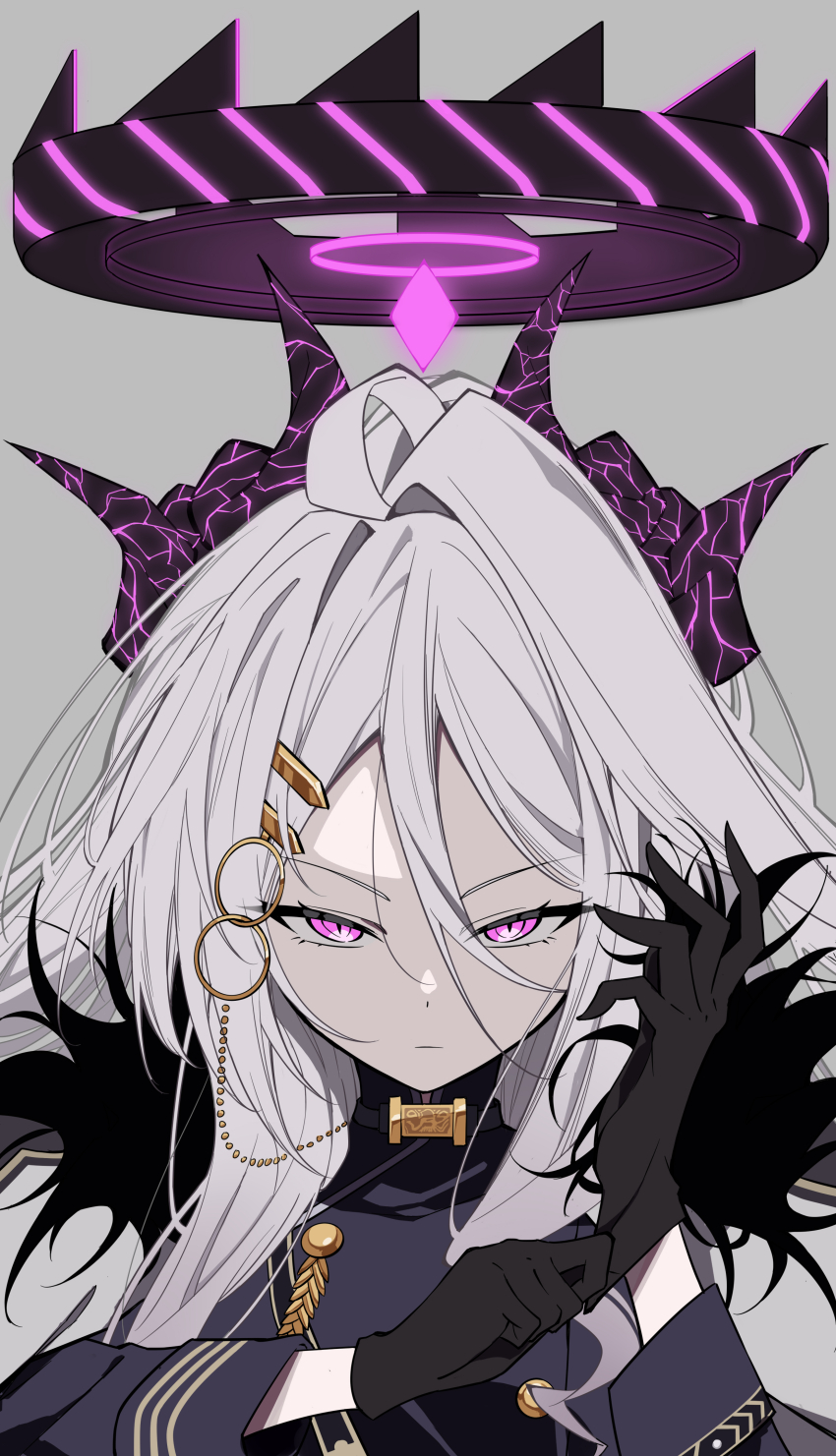 1girl, absurdres, ahoge, black_gloves, black_halo, blue_archive, chain, commentary_request