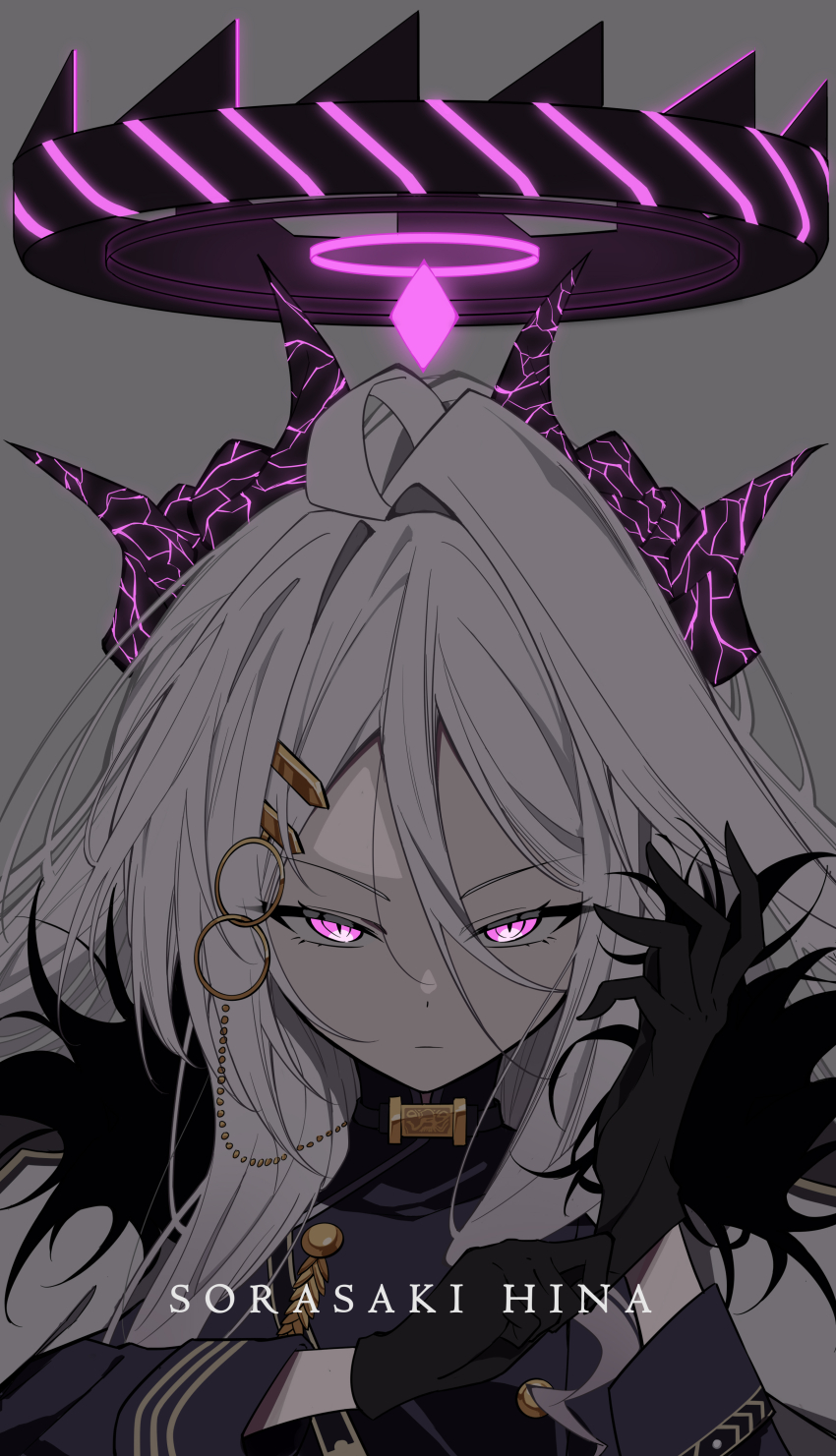 1girl, absurdres, ahoge, black_gloves, black_halo, blue_archive, chain, commentary_request, demon_girl, demon_horns, english_text, gloves, hair_between_eyes, hair_ornament, hairclip, halo, highres, hina_(blue_archive), horns, long_hair, looking_at_viewer, multicolored_halo, overlord_m, pink_halo, purple_eyes, simple_background, solo, white_hair