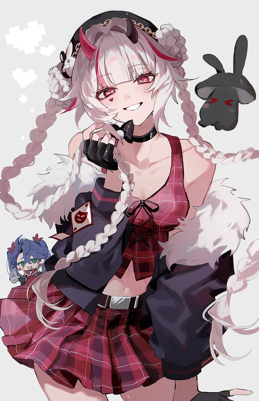 1girl, absurdres, asymmetrical_horns, belt, beret, blue_hair, braid, braided_bun