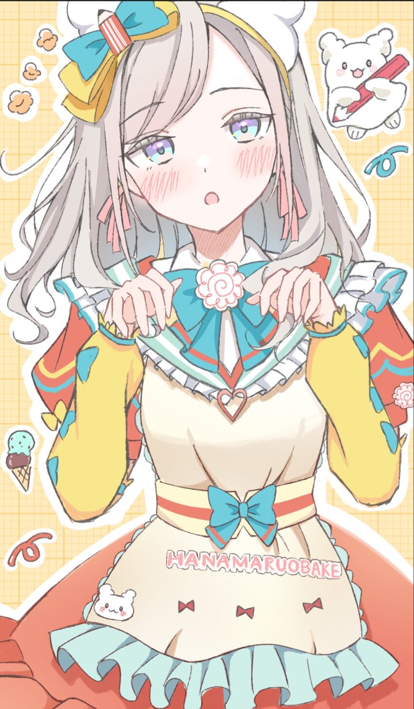 1girl, :3, apron, badge, blue_bow, blue_bowtie, blue_eyes, bow