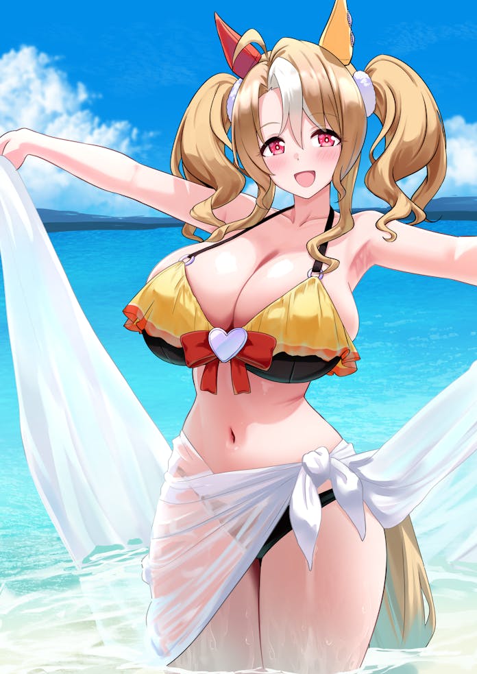 1girl, :d, ahoge, animal_ears, bikini, black_bikini, blonde_hair, blue_sky