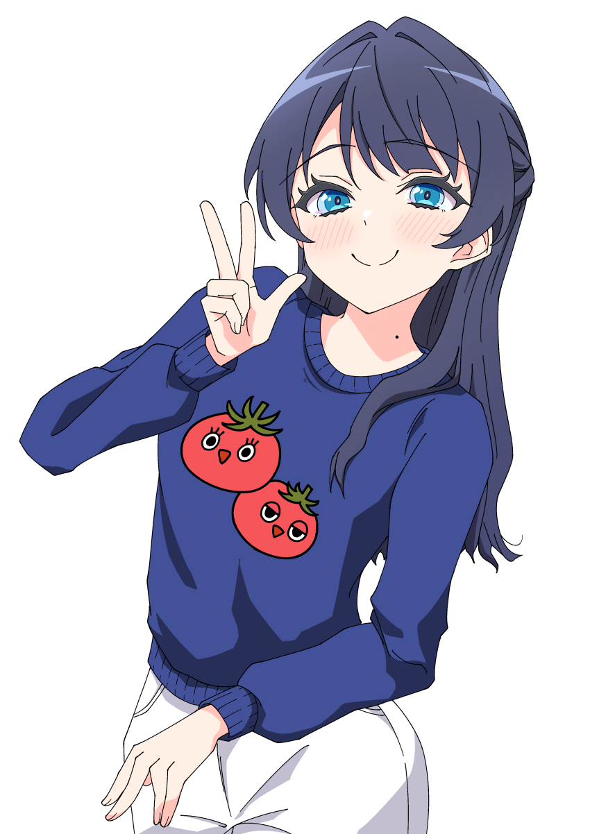 1girl, absurdres, blue_eyes, blue_hair, blue_sweater, blush, c:, closed_mouth, commentary, hair_intakes, half_updo, highres, kara_iroha, link!_like!_love_live!, long_hair, long_sleeves, looking_at_viewer, love_live!, mole, mole_on_neck, murano_sayaka, murano_sayaka_(summer_loungewear), print_sweater, shorts, simple_background, smile, solo, split_mouth, sweater, tomati_(love_live!), tomato_print, virtual_youtuber, w, white_background, white_shorts