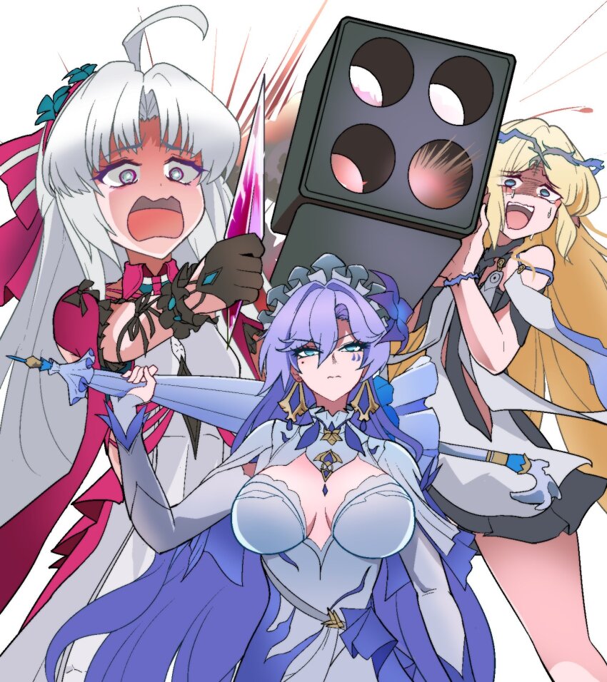 3girls, ahoge, black_gloves, bow, cantarella_(wuthering_waves), carlotta_(wuthering_waves), cartethyia_(wuthering_waves), commando_(movie)