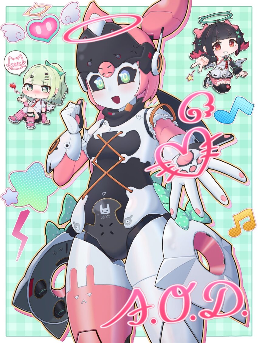 3girls, :d, angels_of_delusion, aria_(zenless_zone_zero), benis_zzz, black_hair, black_sclera, black_thighhighs