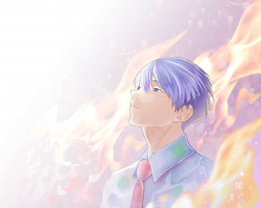 1boy, akagi_kazuaki, collared_shirt, fire, hair_between_eyes, kemono_jihen, male_focus, necktie