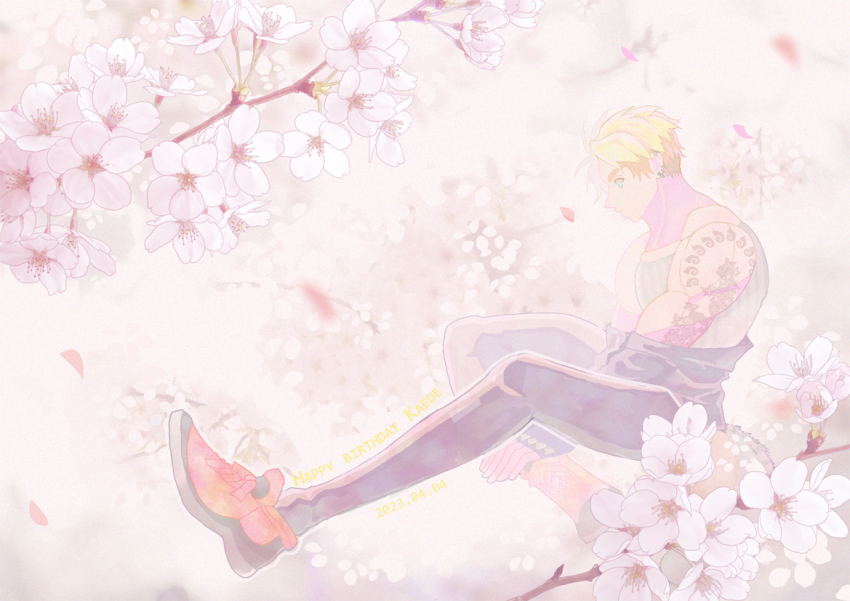 1boy, blonde_hair, cherry_blossoms, ear_piercing, fingerless_gloves, full_body, gloves, hanagata_kaede