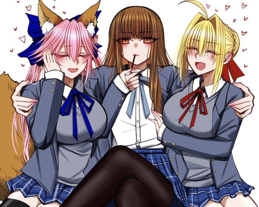 3girls, ahoge, animal_ear_fluff, animal_ears, blonde_hair, blue_bow, blush, bow