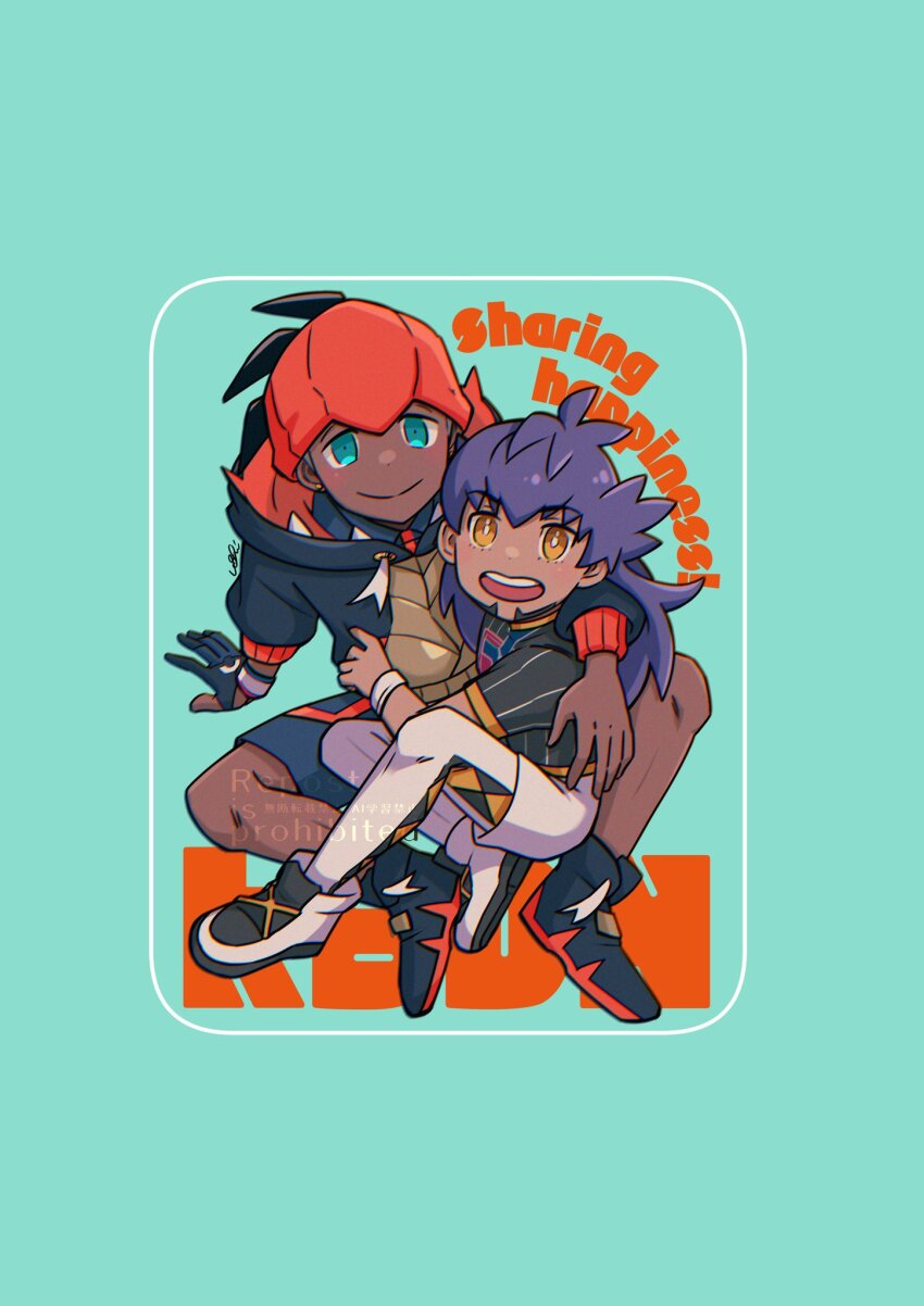 2boys, aqua_eyes, arm_around_another's_waist, arm_around_shoulder, black_hair, blue_background, brown_eyes, closed_mouth