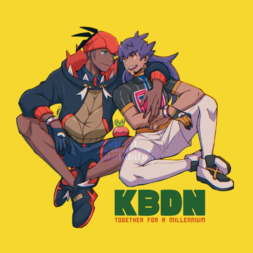 2boys, applin, aqua_eyes, arm_around_shoulder, black_hair, blue_gloves, blue_shorts, closed_mouth