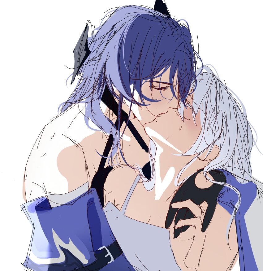 2girls, absurdres, acheron_(honkai:_star_rail), black_gloves, commentary, english_commentary, gloves, highres, honkai:_star_rail, honkai_(series), honkai_impact_3rd, kiana_kaslana, kiss, long_hair, multiple_girls, purple_hair, queen_yuri.mj, tank_top, white_hair, white_tank_top, yuri