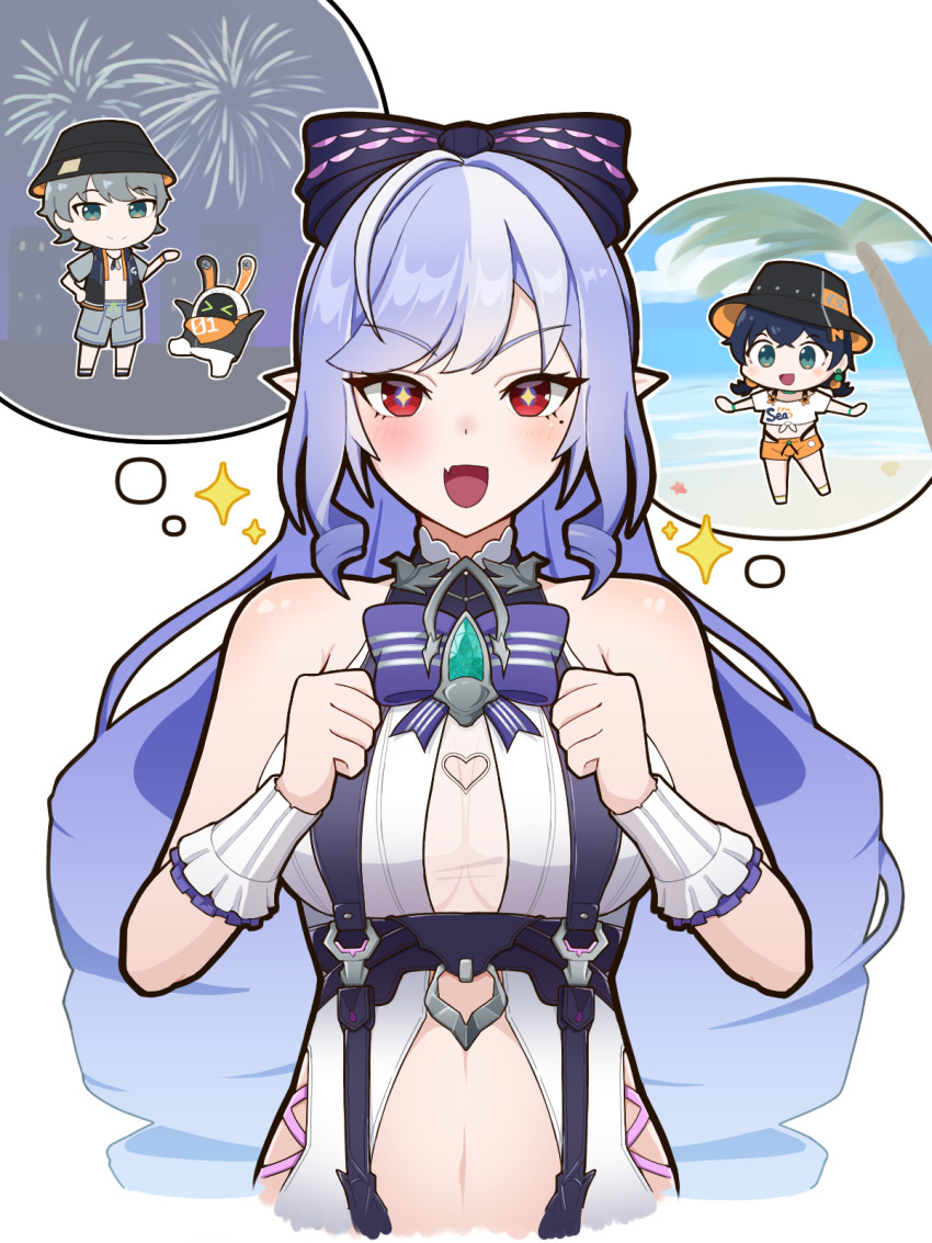 1boy, 2girls, ahoge, animal_print, belle_(summer_skies)_(zenless_zone_zero), belle_(zenless_zone_zero), benis_zzz, bikini