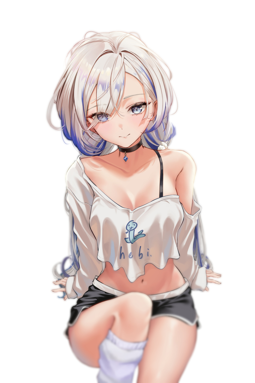 1girl, absurdres, black_choker, black_shorts, blue_eyes, blue_hair, bra_strap, breasts, choker, closed_mouth, collarbone, commentary, crop_top, crop_top_overhang, dolphin_shorts, eyes_visible_through_hair, food, fruit, heart, hebi_(vtuber), highres, indie_virtual_youtuber, kitsune_hero, knee_up, long_hair, long_sleeves, looking_at_viewer, loose_socks, low_twintails, medium_breasts, midriff, multicolored_hair, navel, off_shoulder, shirt, short_shorts, shorts, simple_background, single_bare_shoulder, sitting, smile, socks, solo, stomach, streaked_hair, twintails, two-tone_hair, very_long_hair, virtual_youtuber, white_background, white_hair, white_shirt, white_socks