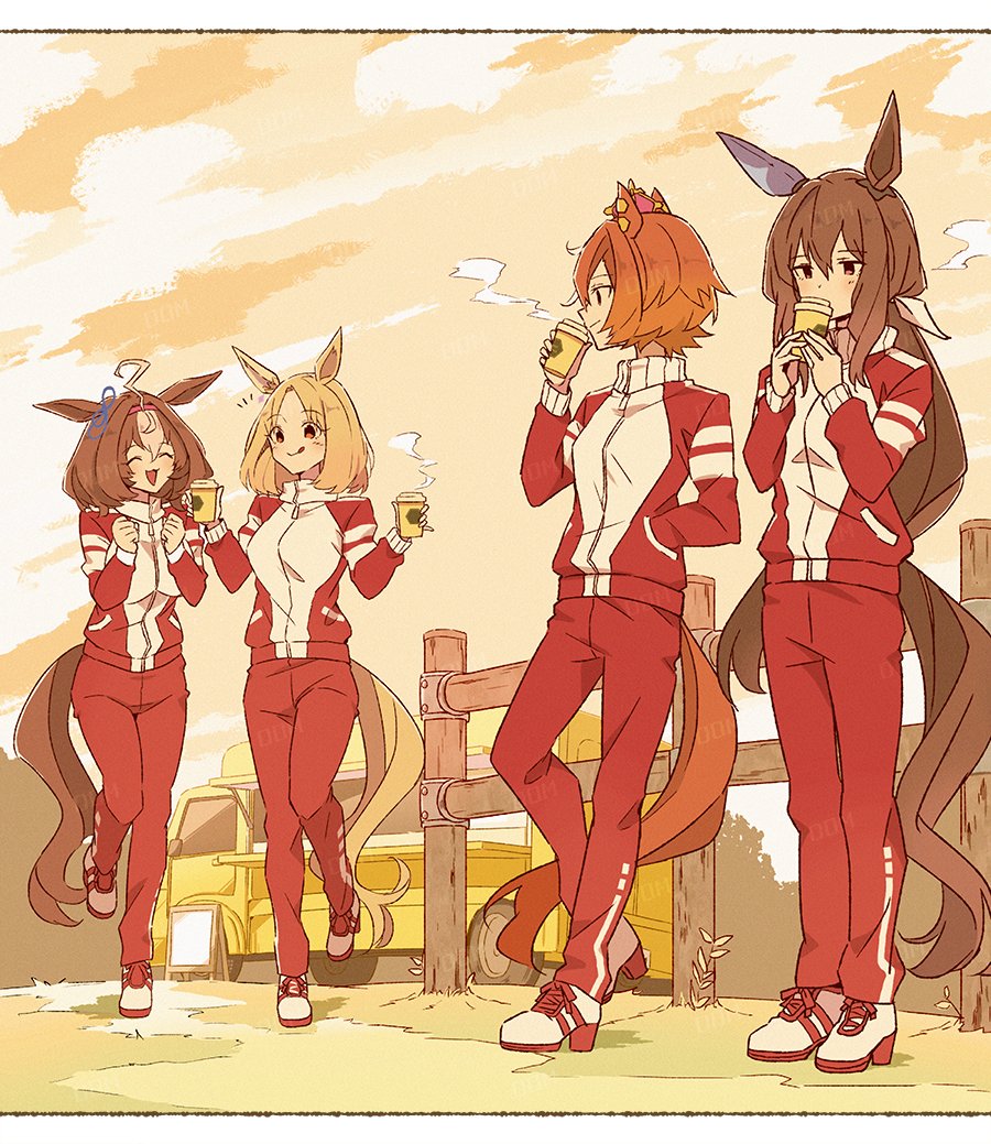1girl, 4girls, admire_vega_(umamusume), ahoge, animal_ears, blonde_hair, blush, bow, breasts, brown_hair, closed_eyes, closed_mouth, commentary, crown, cup, disposable_cup, domdam80, double-parted_bangs, ear_covers, ear_ribbon, hair_between_eyes, hairband, hand_in_pocket, holding, holding_cup, horse_ears, horse_girl, horse_tail, jacket, large_breasts, long_hair, long_sleeves, medium_breasts, medium_hair, meisho_doto_(umamusume), mini_crown, multicolored_hair, multiple_girls, narita_top_road_(umamusume), open_mouth, orange_hair, orange_tail, outdoors, pants, pink_crown, pink_hairband, ponytail, purple_eyes, red_jacket, red_pants, red_track_suit, shoes, short_hair, single_ear_cover, sky, small_breasts, smile, t.m._opera_o_(umamusume), tail, tongue, tongue_out, tracen_training_uniform, track_jacket, track_pants, track_suit, two-tone_hair, umamusume, umamusume:_road_to_the_top, untranslatable_commentary, white_hair