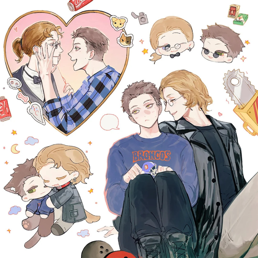 2boys, :<, :d, ;3, ;d, aegyo_sal, alternate_hairstyle, animal_ear_fluff