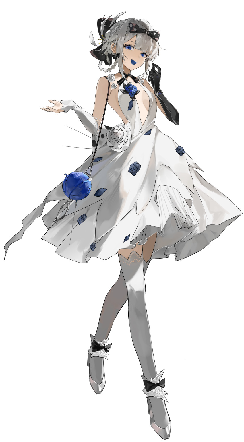 1girl, absurdres, bag, bare_shoulders, blue_bag, blue_eyes, blue_flower, blue_tongue