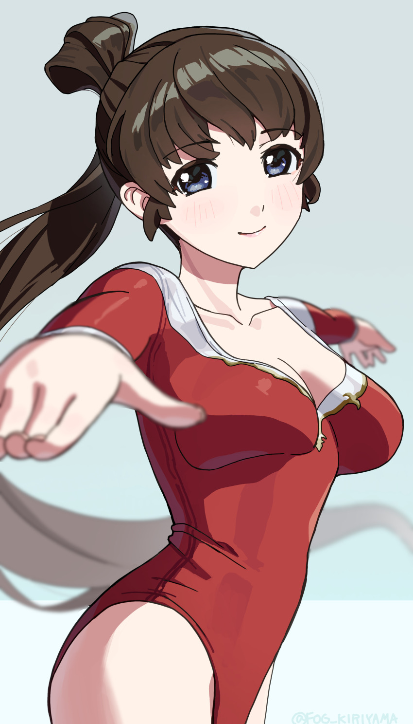 1girl, absurdres, athletic_leotard, black_hair, breasts, commentary_request, cowboy_shot, deibadoo