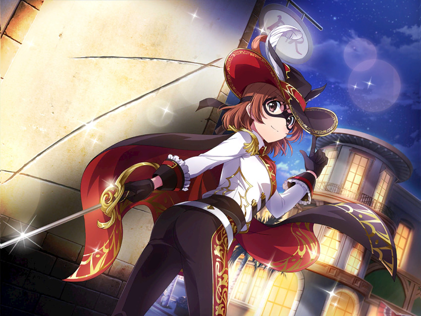 1girl, aijo_karen, black_cape, black_gloves, black_hat, black_pants, building, cape