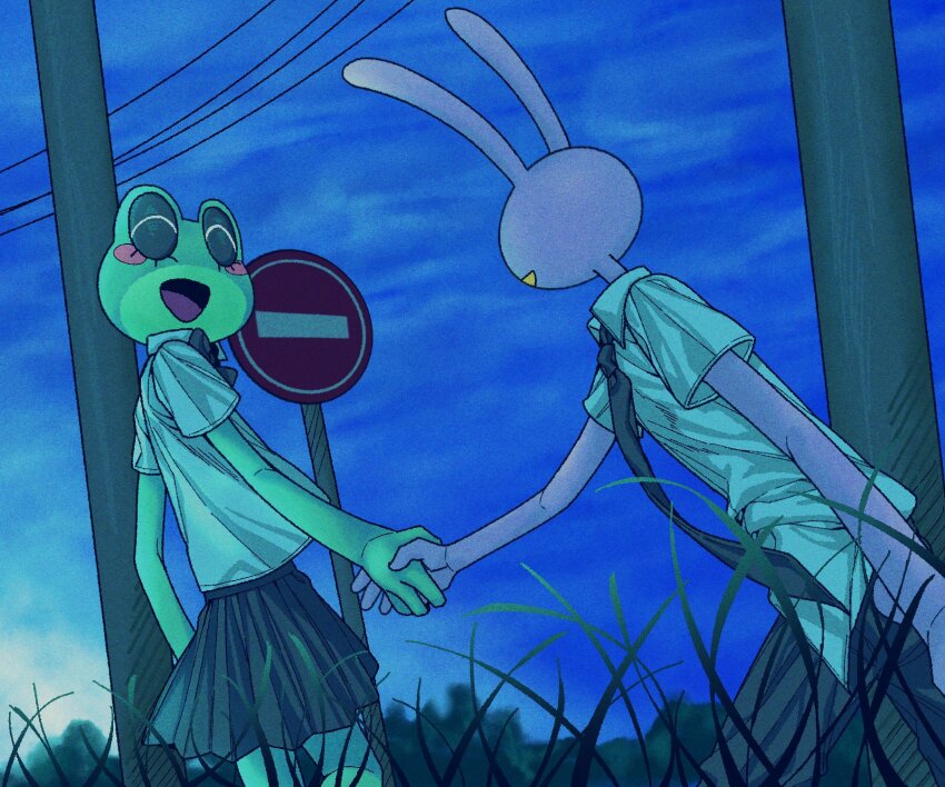 1boy, 1other, animal_ears, black_necktie, black_skirt, blush_stickers, closed_eyes, collared_shirt, furry, furry_male, grass, highres, holding_hands, jax_(the_amazing_digital_circus), mya_(me_owo_meow), necktie, power_lines, rabbit_boy, rabbit_ears, ribbit_(the_amazing_digital_circus), shirt, short_sleeves, skirt, the_amazing_digital_circus, utility_pole, white_shirt
