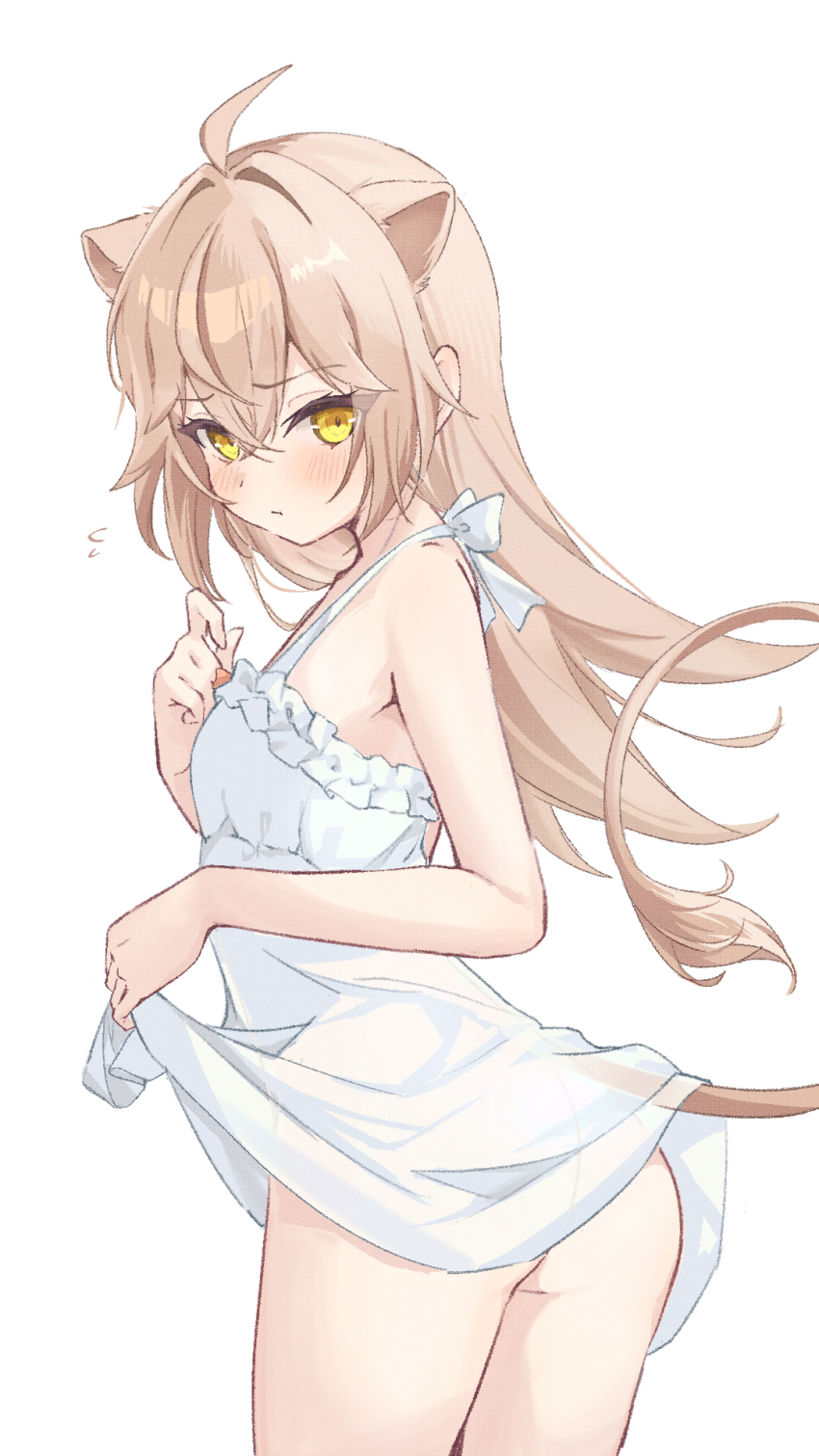 1girl, animal_ears, ass, bare_shoulders, breasts, cat_girl, commentary_request, dress