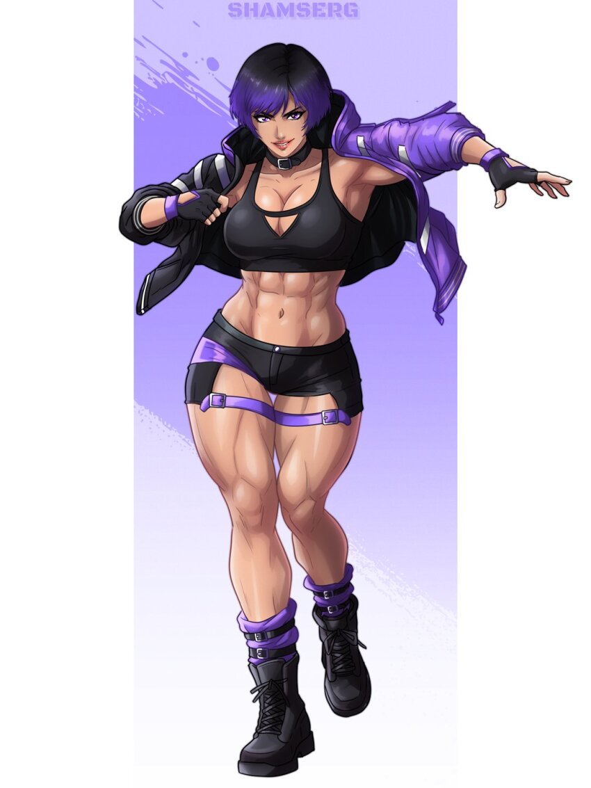 1girl, abs, artist_name, black_gloves, black_hair, black_jacket, breasts, cleavage