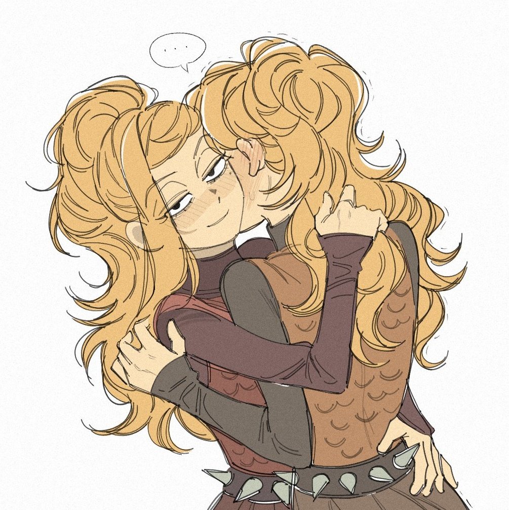 ..., 2girls, amphibia, armor, black_eyes, blonde_hair, blush, brown_shirt, dual_persona, grey_shirt, lifeisassholee, long_hair, multiple_girls, sasha_waybright, selfcest, shirt, smile, spiked_belt, spoken_ellipsis, yuri