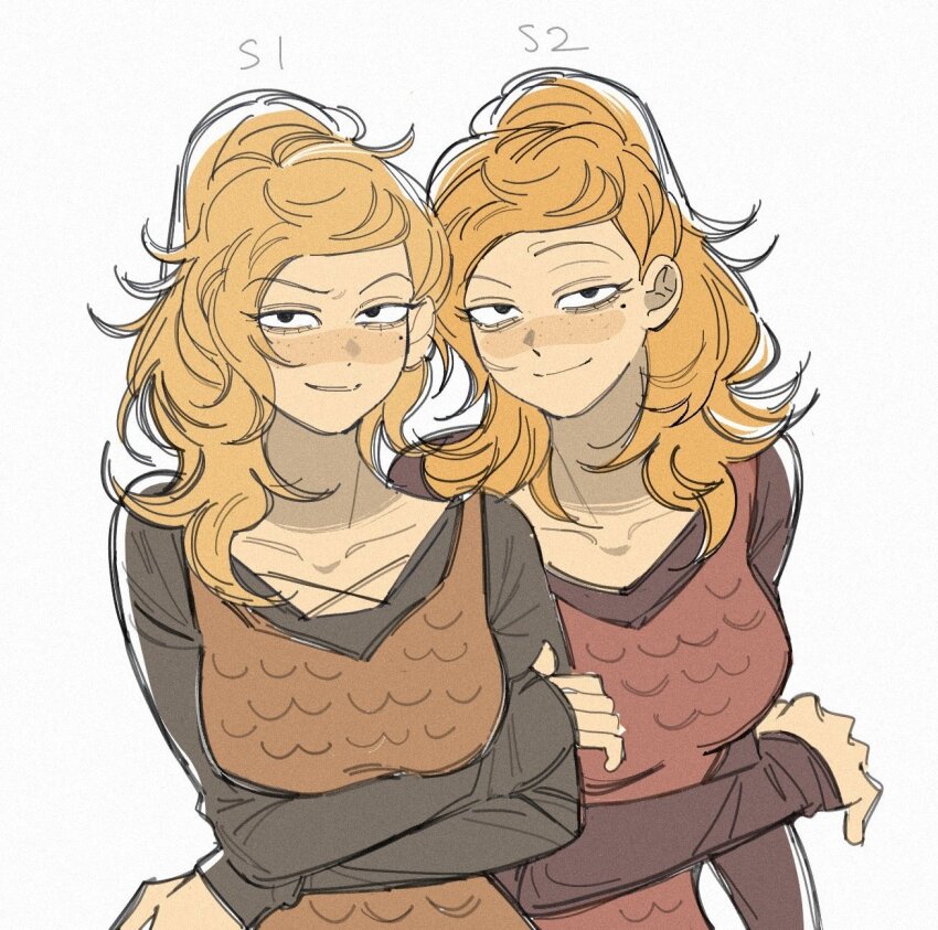 2girls, amphibia, armor, blonde_hair, breasts, commentary, crossed_arms, dual_persona