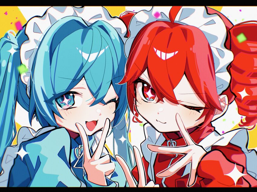 +_+, 2girls, ;3, ;d, absurdres, alternate_costume, blue_eyes, blue_jacket