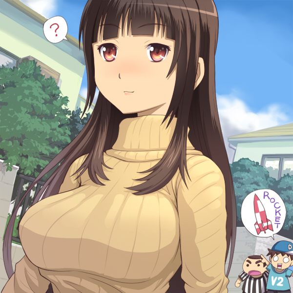 1girl, blunt_bangs, blush, brown_eyes, brown_hair, chibi, long_hair, meow_(nekodenki), original, questionmark, red_eyes, ribbed_sweater, rocket, sweater