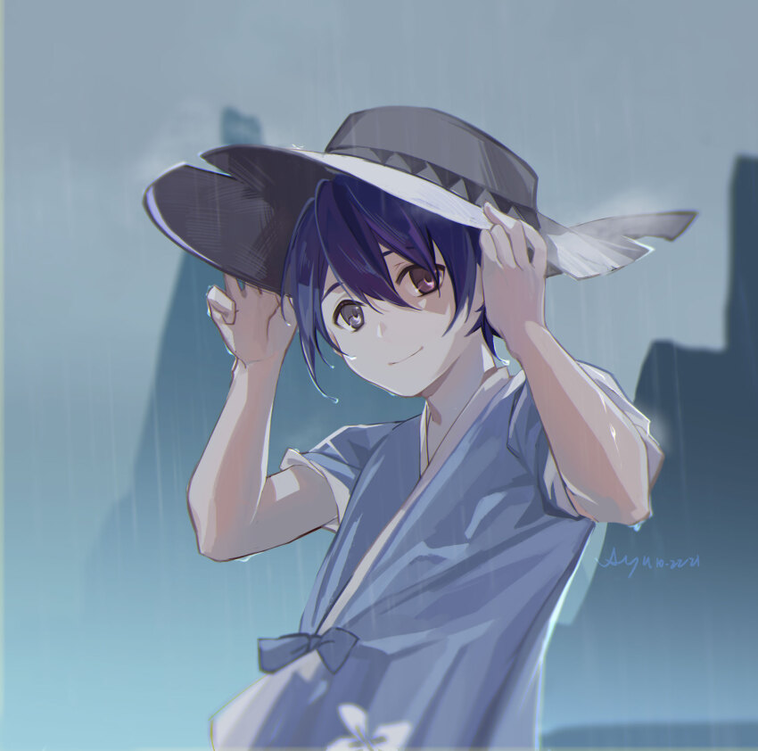 1boy, artist_name, blue_background, blue_hair, blurry, blurry_background, chinese_commentary, closed_mouth