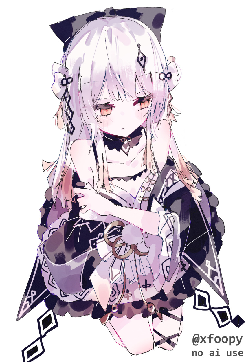 1girl, closed_mouth, commentary, dress, foopy, frilled_dress, frills, hair_ornament