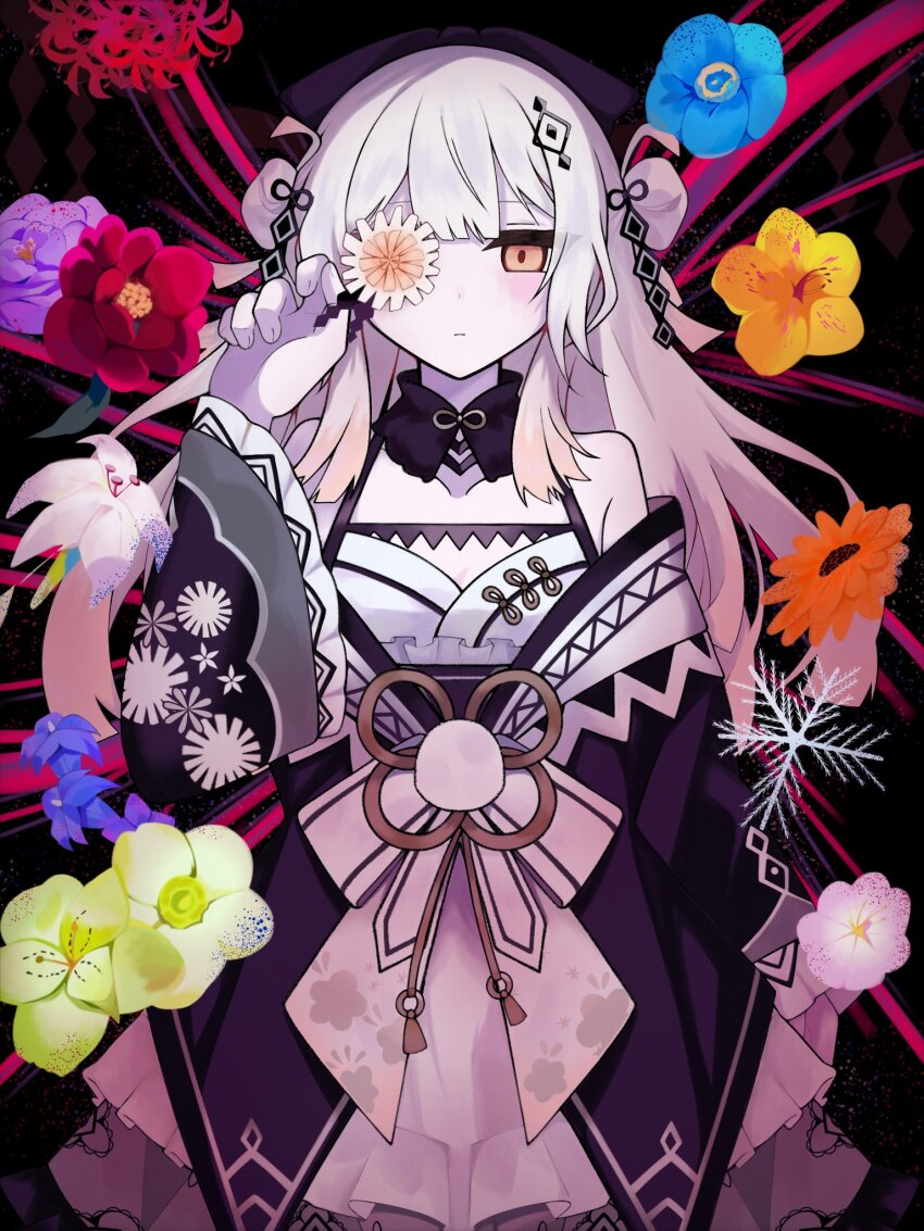 1girl, closed_mouth, commentary_request, dress, floral_background, floral_print, flower, flower_in_eye