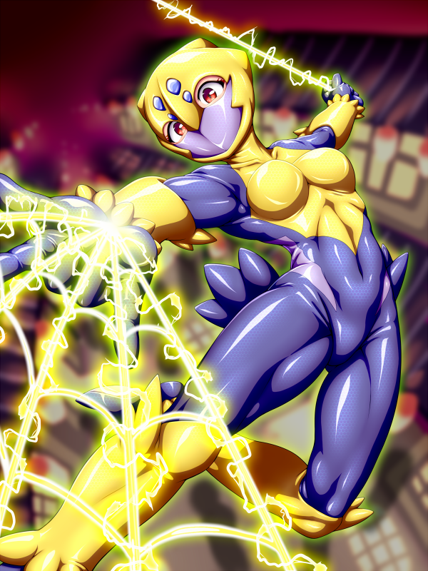 alternate_costume, aozame_takao, blue_bodysuit, blurry, blurry_background, bodysuit, breasts, commentary_request