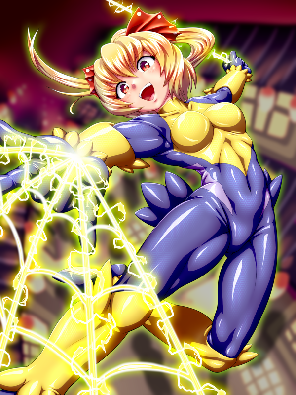 :d, alternate_costume, alternate_hair_length, alternate_hairstyle, aozame_takao, blonde_hair, blue_bodysuit, blurry