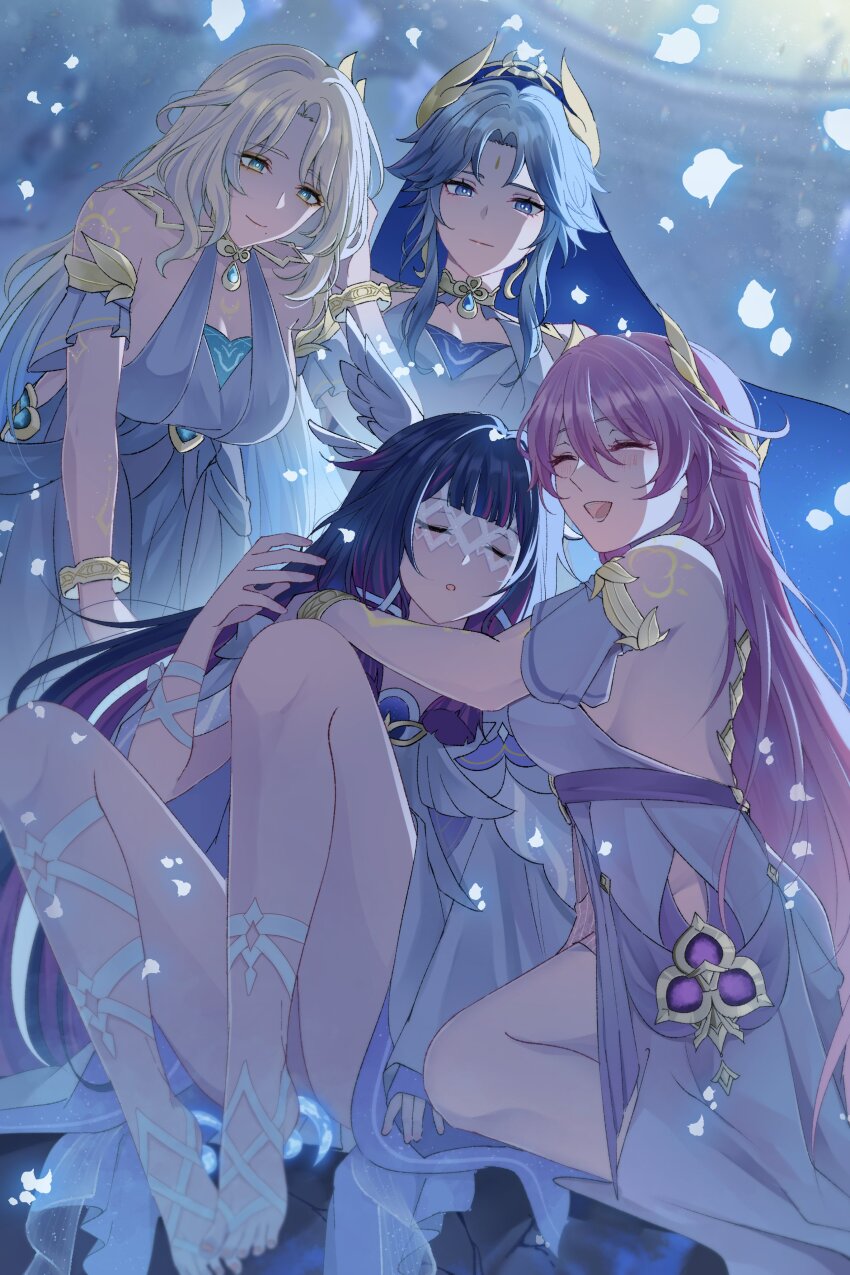 4girls, :|, ^_^, absurdres, aria_(genshin_impact), bare_shoulders, barefoot, black_hair, blonde_hair, blue_eyes, blue_gem, blue_hair, blue_veil, bracelet, breasts, canon_(genshin_impact), closed_eyes, closed_mouth, columbina_(genshin_impact), commentary_request, dress, eye_mask, full_body, gem, genshin_impact, hand_up, highres, hug, jewelry, large_breasts, leaning_forward, long_hair, long_sidelocks, looking_at_another, mask, mole, mole_under_mouth, mororo1357, multiple_girls, open_mouth, parted_lips, pink_hair, sidelocks, sleeveless, sleeveless_dress, smile, sonnet_(genshin_impact), toenails, veil, very_long_hair, white_dress