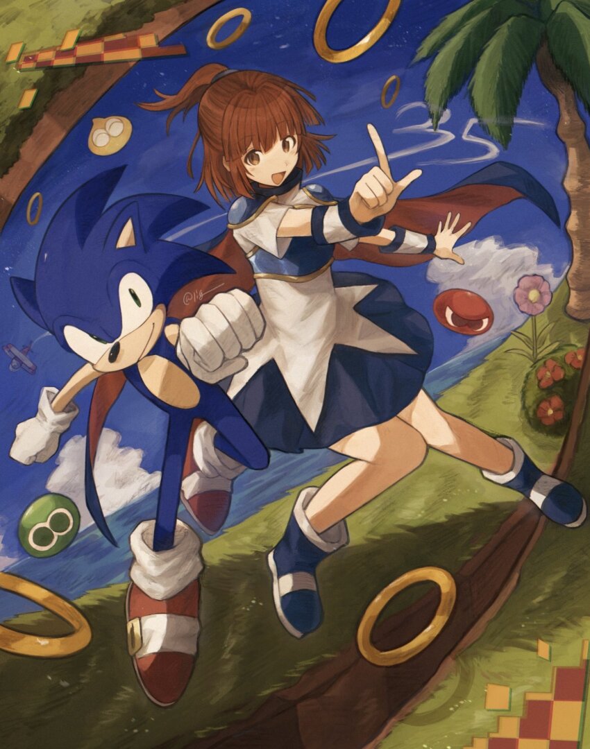 1boy, 1girl, :d, aircraft, airplane, animal_nose, arle_nadja, armor