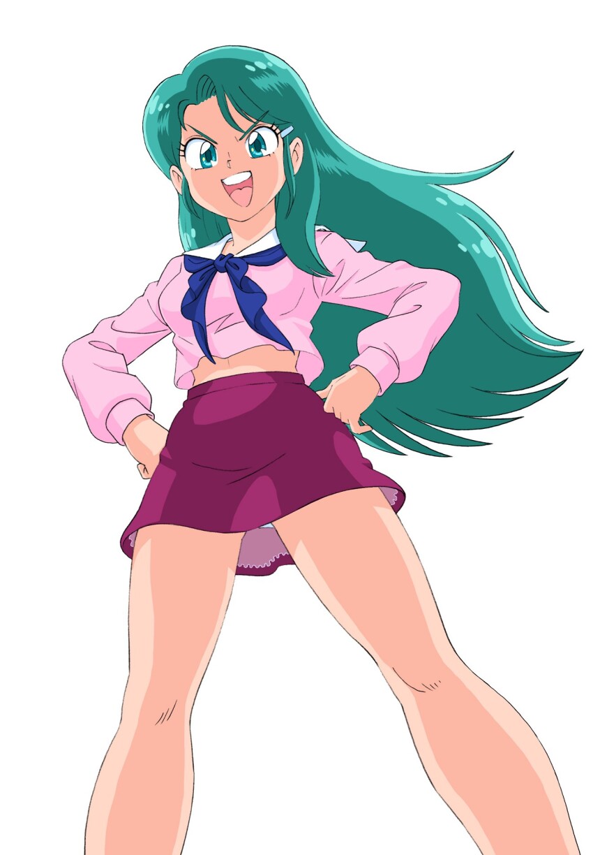 1girl, aqua_hair, blue_eyes, commentary_request, genji_tsuushin_agedama, highres, kuki_rei, long_hair