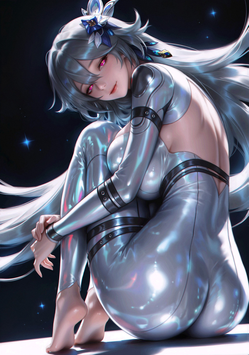 1girl, ass, barefoot, bodysuit, breasts, chinese_commentary, commentary_request, fetal_position