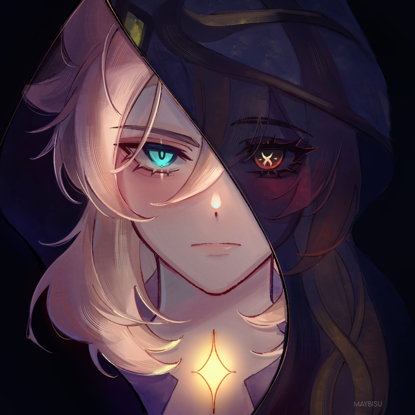 1boy, 1girl, absurdres, albedo_(genshin_impact), aqua_eyes, artist_name, black_background, blonde_hair