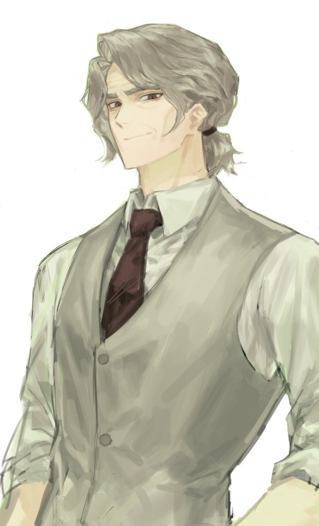 1boy, animification, brown_eyes, closed_mouth, collared_shirt, commentary, grey_hair, grey_vest