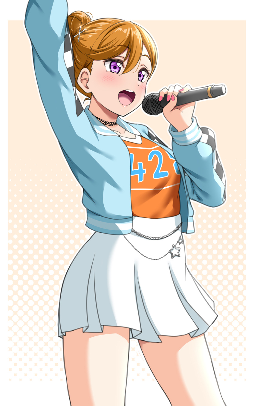 1girl, alternate_hairstyle, arm_up, bare_legs, blue_jacket, checkered_clothes, commentary_request, dotted_background, hair_bun, hair_ornament, highres, holding, holding_microphone, jacket, jewelry, liella!_7th_lovelive!_~fly!_music_world~, long_hair, love_live!, love_live!_superstar!!, microphone, necklace, number_print, open_mouth, orange_hair, orange_shirt, pink_nails, purple_eyes, shibuya_kanon, shirt, skirt, solo, star_(symbol), teeth, upper_teeth_only, white_skirt, yopparai_oni