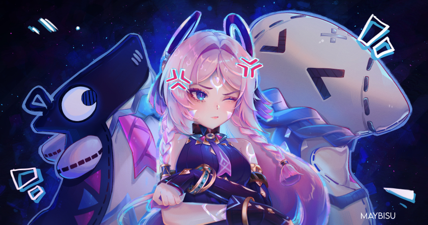 1girl, absurdres, anger_vein, artist_name, asymmetrical_gloves, bare_shoulders, blue_eyes, bracelet, braid, citlali_(genshin_impact), citlalin_(genshin_impact), closed_mouth, commentary, eyeshadow, facial_mark, fingerless_gloves, floating_headgear, forehead_mark, genshin_impact, gloves, glowing, gold_bracelet, headgear, heattech_leotard, highres, itzpapa_(genshin_impact), jewelry, leotard, long_hair, makeup, maybisu, nightsoul_blessing_state, one_eye_closed, parted_bangs, pink_hair, pink_pupils, triangle, triangle_facial_mark, turtleneck, twin_braids, uneven_gloves, upper_body