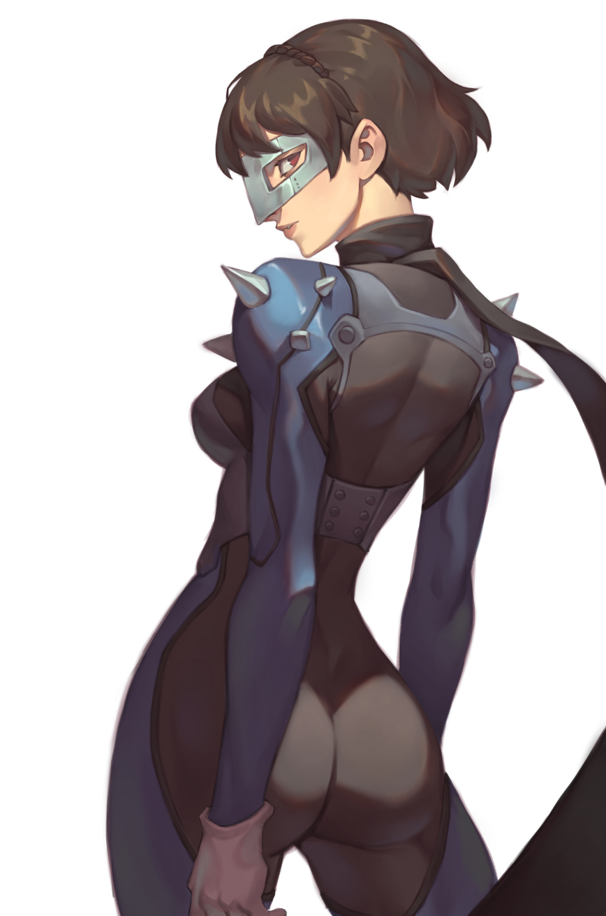 1girl, ass, breasts, brown_hair, closed_mouth, commentary, cowboy_shot, english_commentary, eye_mask, from_behind, highres, mask, metal_mask, mick_cortes, niijima_makoto, persona, persona_5, short_hair, solo, white_background