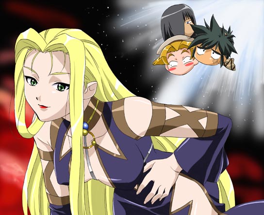 1girl, 3boys, bad_id, bart_garsus, black_dress, black_eyes, black_hair, black_sleeves, blonde_hair, blush, breasts, closed_mouth, detached_sleeves, dress, duero_mcfile, green_eyes, hair_over_one_eye, hand_on_own_hip, hibiki_tokai, jura_basil_elden, large_breasts, leaning_forward, lipstick, long_hair, looking_at_another, looking_at_viewer, makeup, multiple_boys, ouya_kei, red_lips, side_slit, smile, vandread, very_long_hair, wide_sleeves