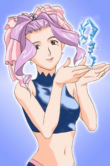 1girl, bad_id, bare_arms, blue_background, blue_pants, blue_shirt, bow, breasts