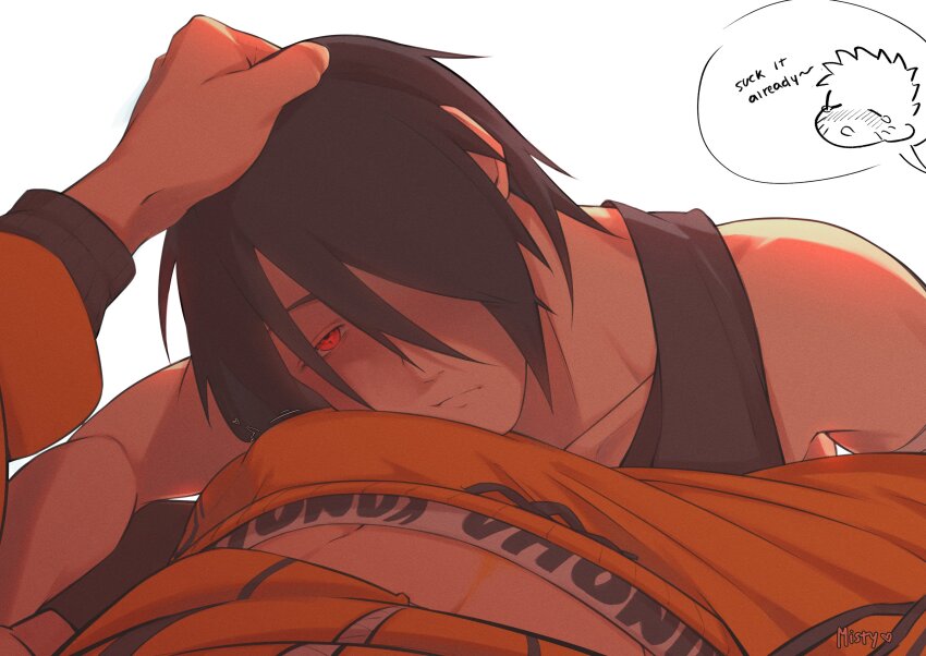 2boys, absurdres, bulge, closed_mouth, commentary, drawstring, english_commentary, english_text, erection, erection_under_clothes, grabbing_another's_hair, hair_between_eyes, hand_in_another's_hair, highres, holding_another's_hair, male_focus, midriff_peek, multiple_boys, naruto_(series), orange_pants, pants, red_eyes, sharingan, short_hair, simple_background, speech_bubble, themidnights0ng, tied_drawstring, uchiha_sasuke, uzumaki_naruto, white_background, yaoi