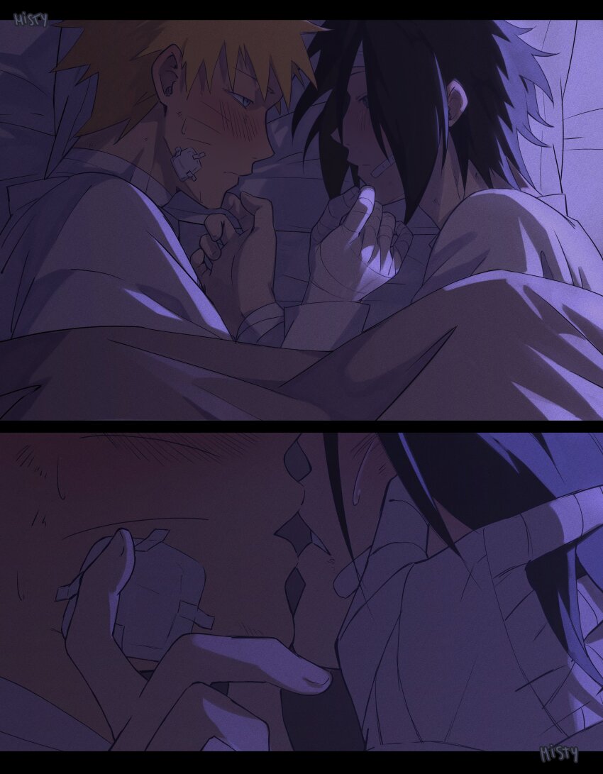 2boys, absurdres, artist_name, bandaged_arm, bandaged_hand, bandages, black_border, black_hair