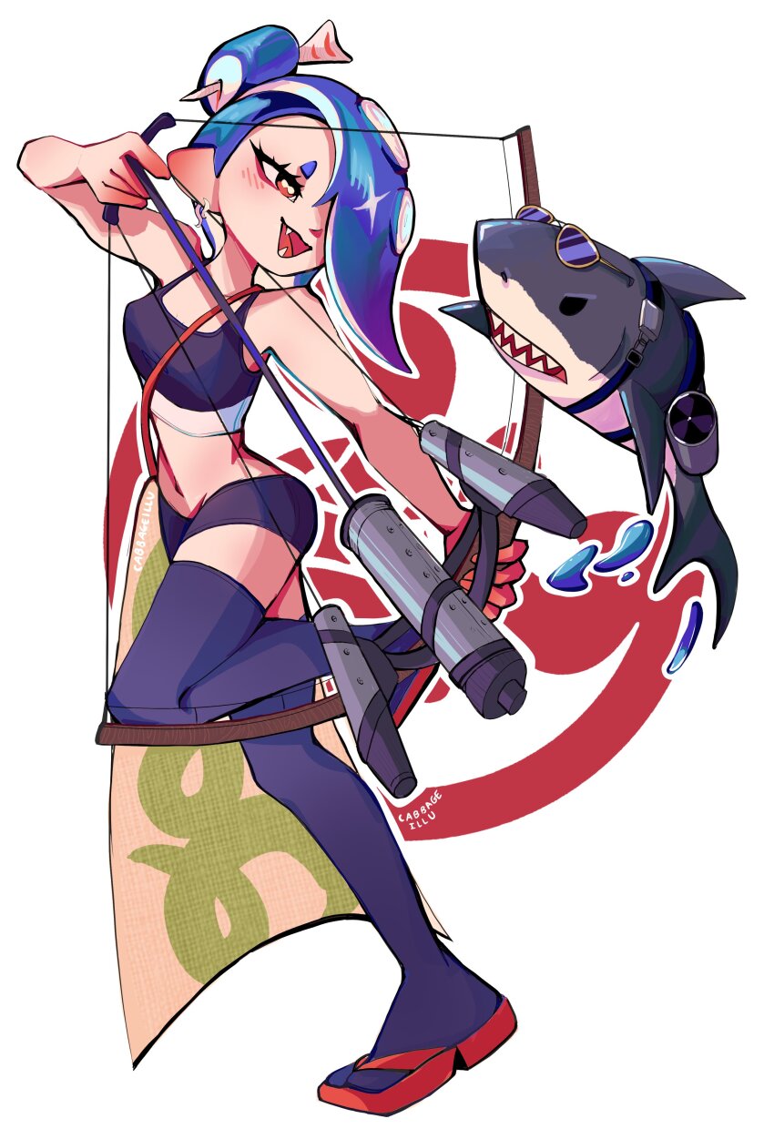 1girl, blue_hair, blush, bow_(weapon), fangs, full_body, hair_over_one_eye, master_mega_(splatoon)