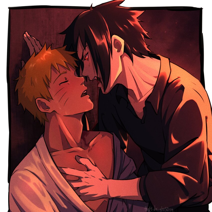 2boys, adam's_apple, artist_name, black_hair, black_shirt, blonde_hair, border, commentary