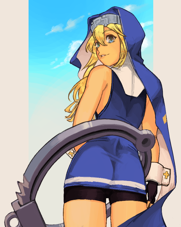 1boy, ass, bare_shoulders, bike_shorts, black_gloves, blonde_hair, blue_dress, blue_eyes